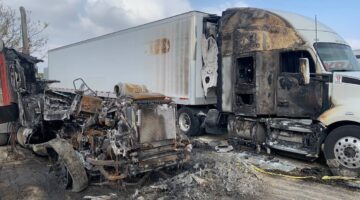 Burned out, badly damaged semi-truck after a serious accident | Colombo Law