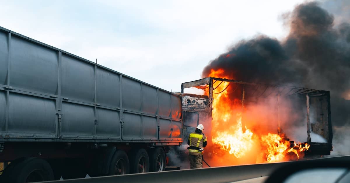 Fiery truck accident on the side of the road with a firefighter trying to manage the flames | Colombo Law