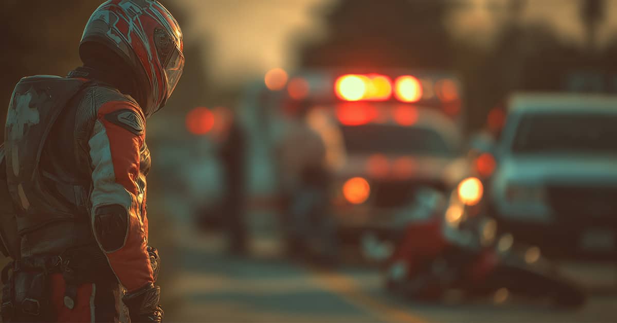Motorcyclist standing on the side of the road after an accident on his bike, with first responders on scene | Colombo Law
